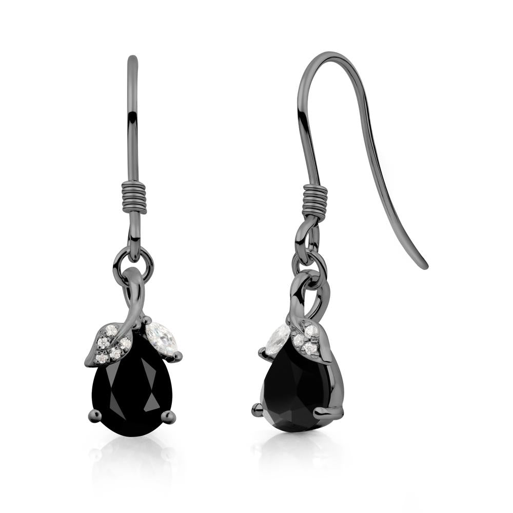 Pear Shaped Black Spinel Leaf Dangle Earrings - LUO Jewelry #metal_black finish sterling silver