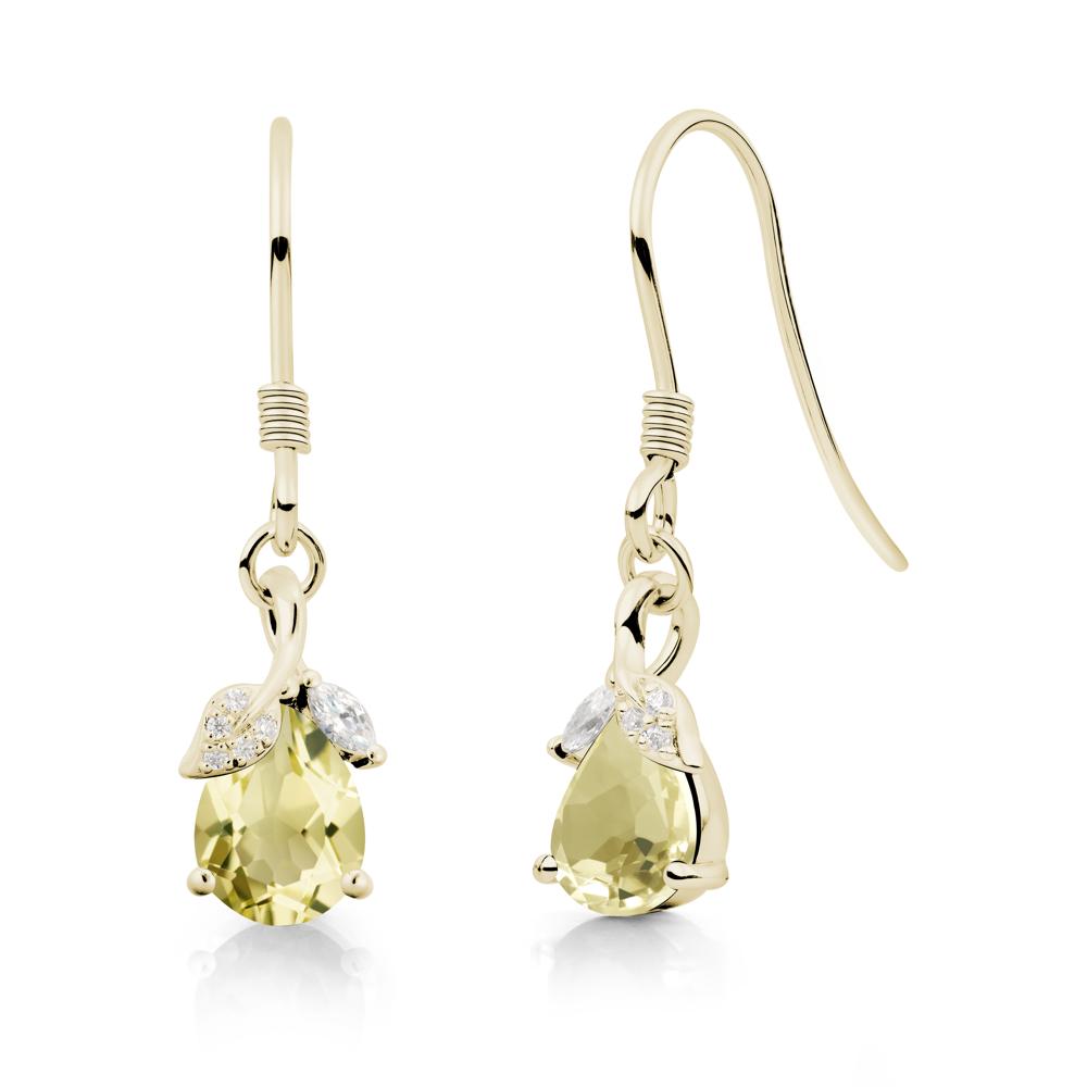 Pear Shaped Lemon Quartz Leaf Dangle Earrings - LUO Jewelry #metal_14k yellow gold
