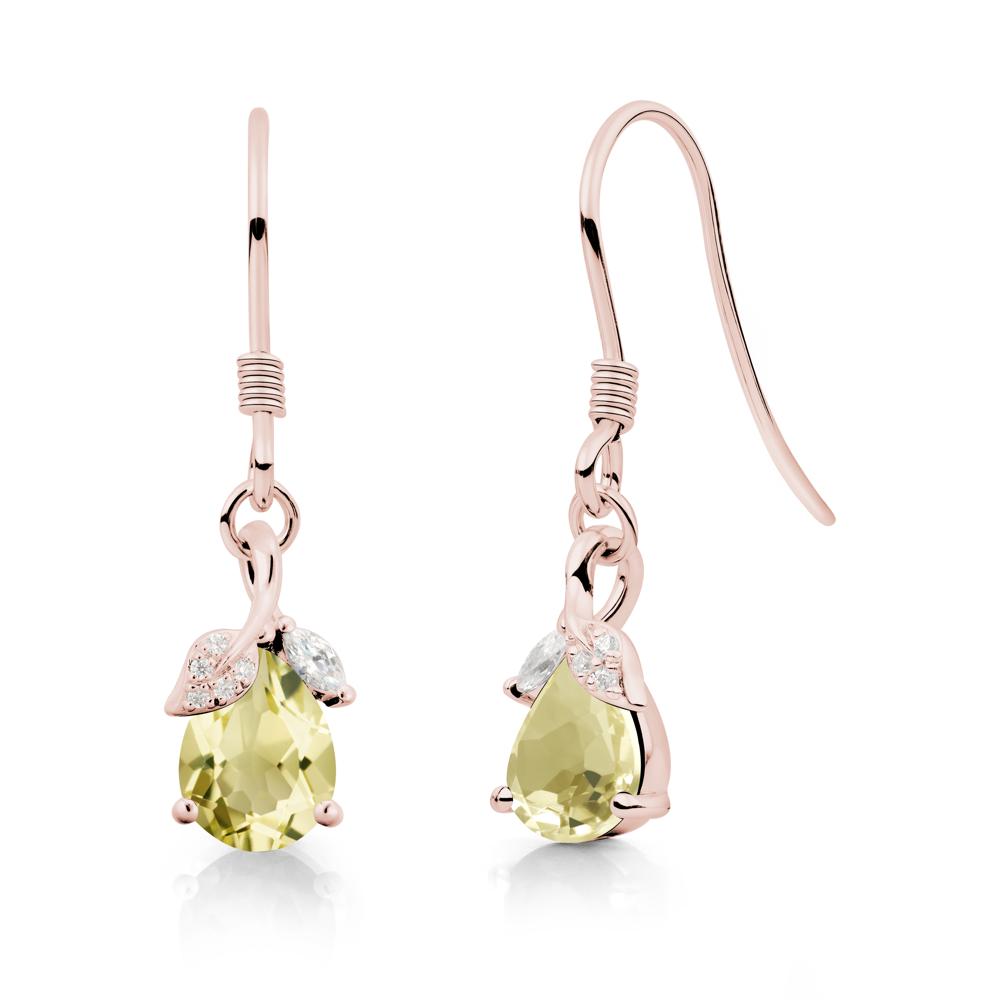Pear Shaped Lemon Quartz Leaf Dangle Earrings - LUO Jewelry #metal_18k rose gold