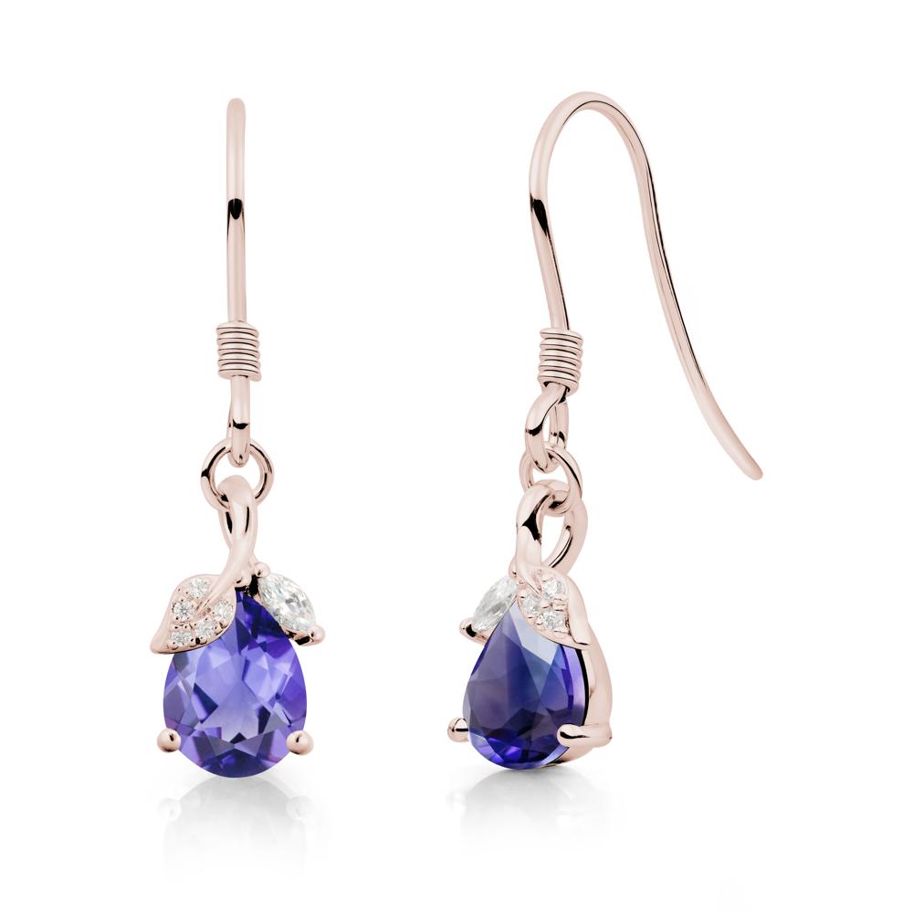 Pear Shaped Tanzanite Leaf Dangle Earrings - LUO Jewelry #metal_14k rose gold