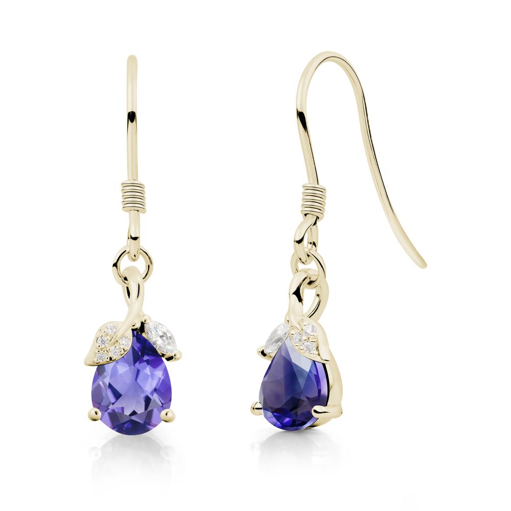 Pear Shaped Tanzanite Leaf Dangle Earrings - LUO Jewelry #metal_14k yellow gold