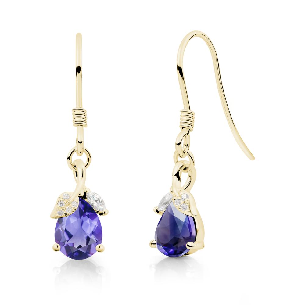 Pear Shaped Tanzanite Leaf Dangle Earrings - LUO Jewelry #metal_18k yellow gold