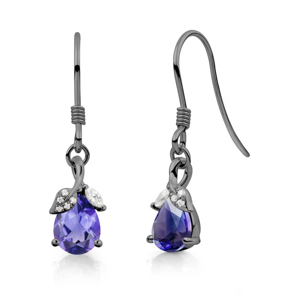 Pear Shaped Tanzanite Leaf Dangle Earrings - LUO Jewelry #metal_black finish sterling silver