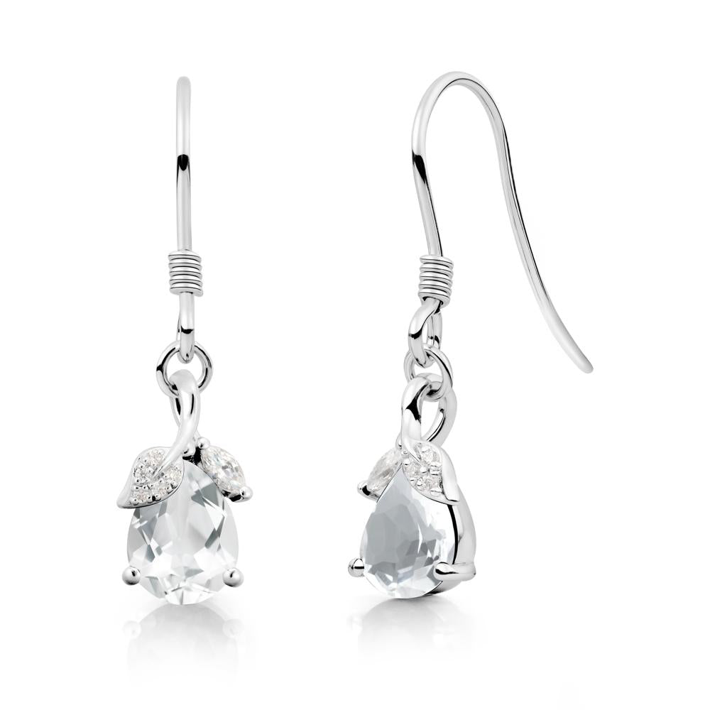 Pear Shaped White Topaz Leaf Dangle Earrings - LUO Jewelry #metal_14k white gold