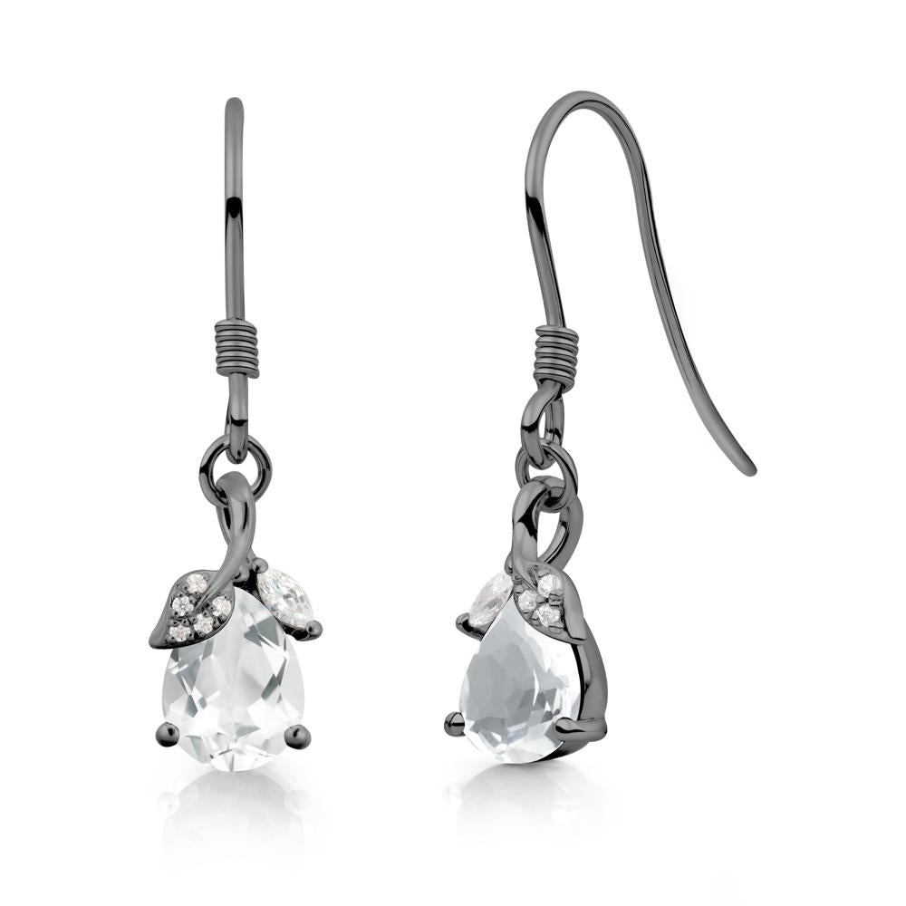 Pear Shaped White Topaz Leaf Dangle Earrings - LUO Jewelry #metal_black finish sterling silver