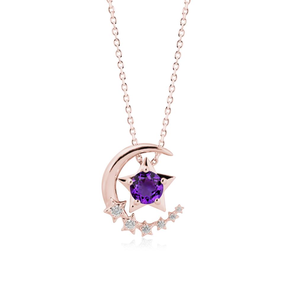 Amethyst Swinging Star and Crescent Moon Necklace - LUO Jewelry #metal_18k rose gold