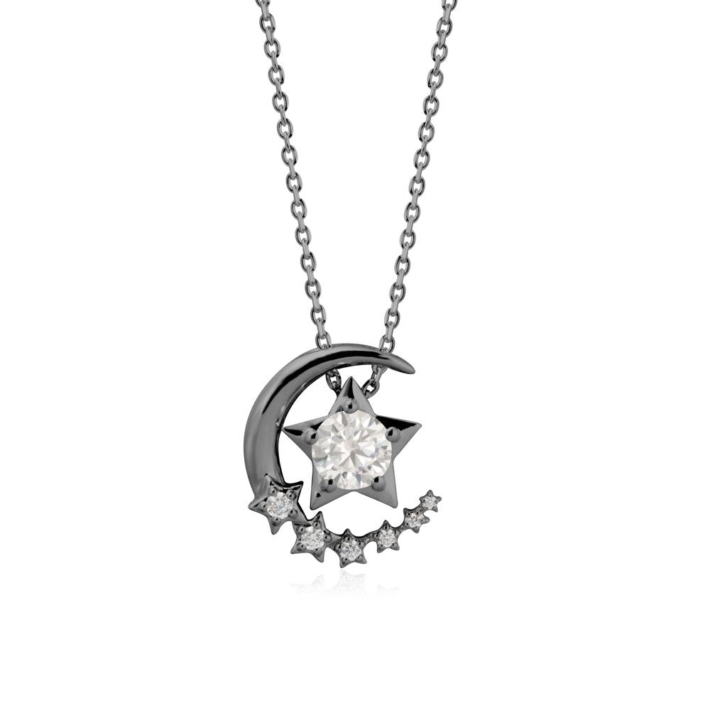 Star and Crescent Moon Cubic Zirconia Pendant Necklace - LUO Jewelry #metal_black finish sterling silver