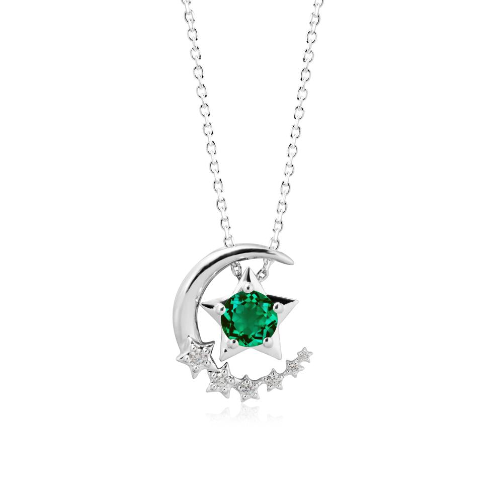 Emerald Swinging Star and Crescent Moon Necklace - LUO Jewelry #metal_14k white gold