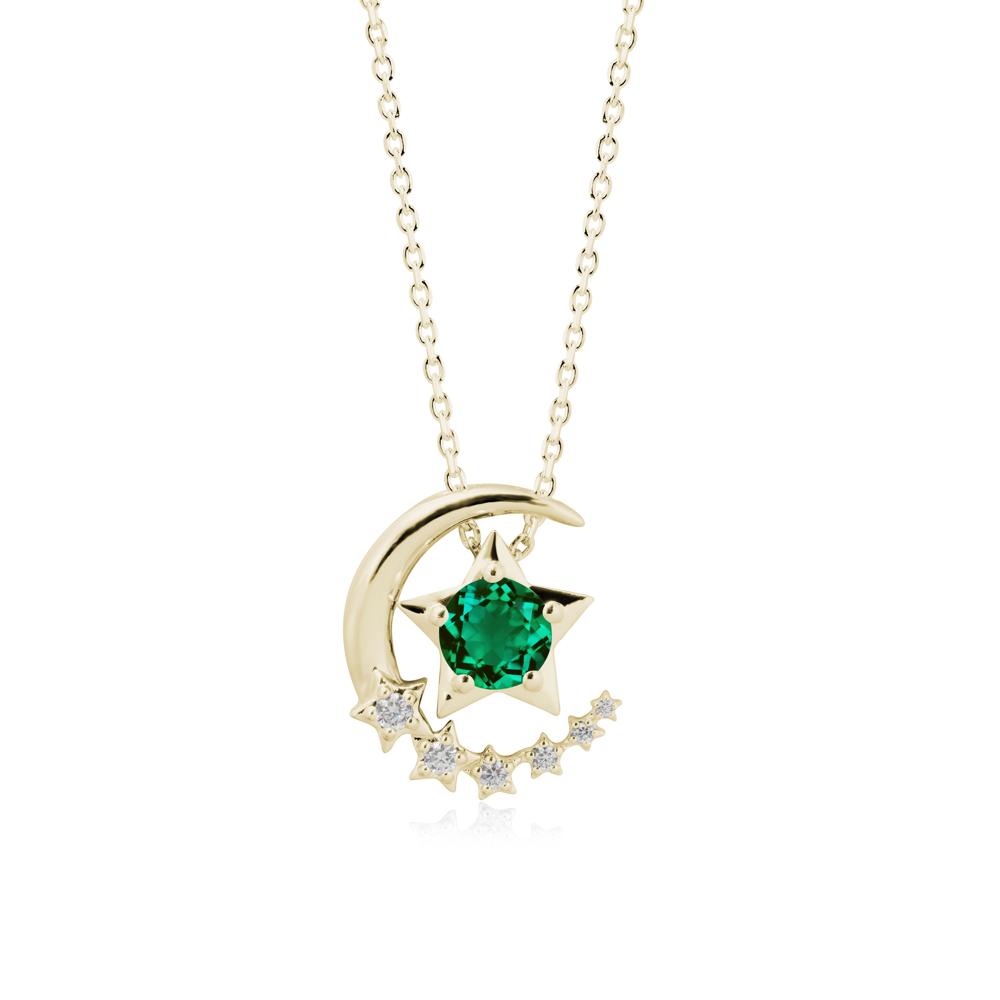 Emerald Swinging Star and Crescent Moon Necklace - LUO Jewelry #metal_14k yellow gold