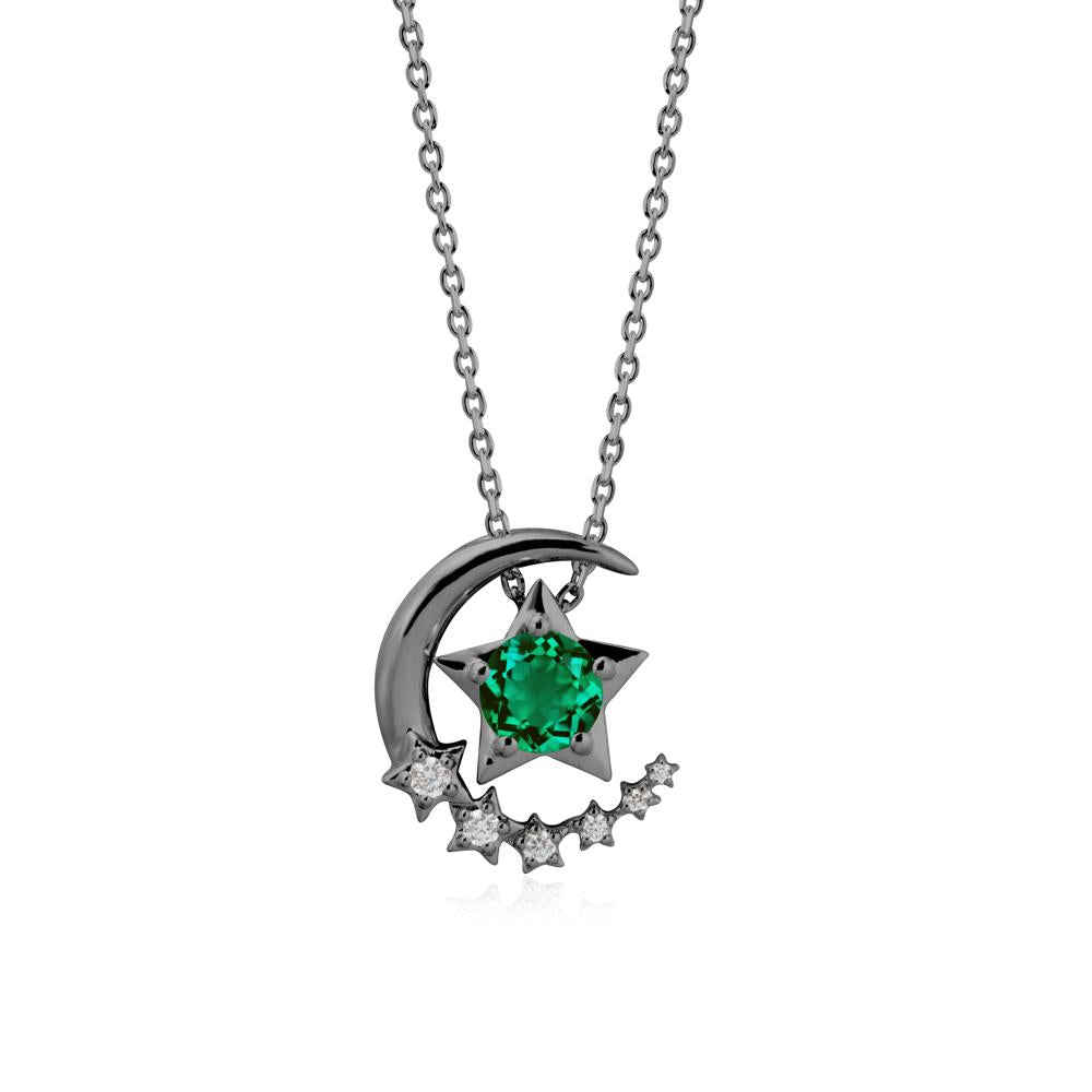 Emerald Swinging Star and Crescent Moon Necklace - LUO Jewelry #metal_black finish sterling silver