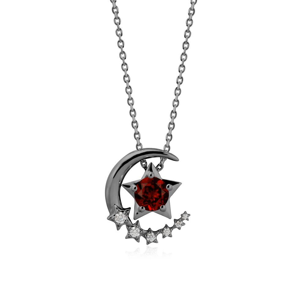 Star and Crescent Moon Garnet Pendant Necklace - LUO Jewelry #metal_black finish sterling silver