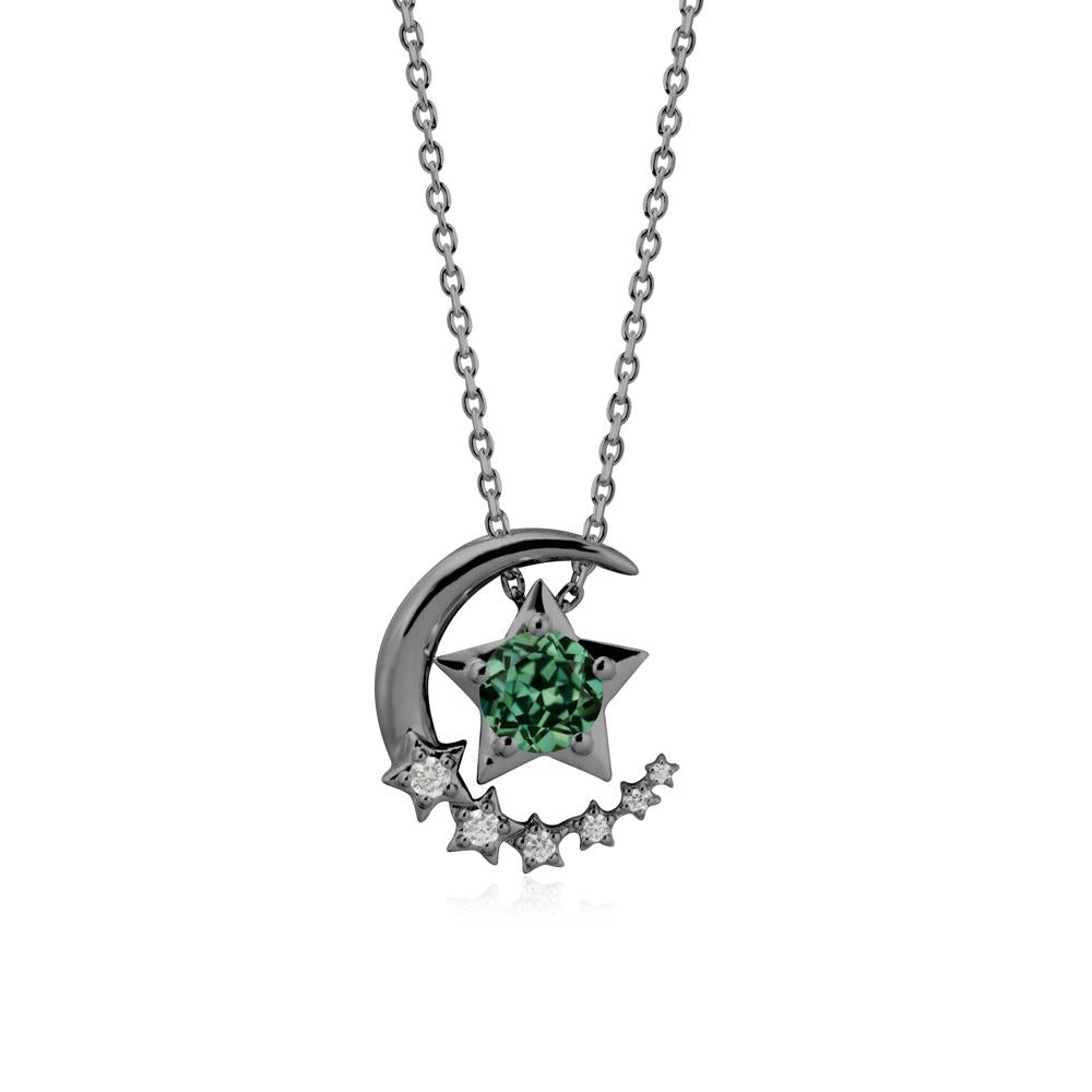 Green Sapphire Swinging Star and Crescent Moon Necklace - LUO Jewelry #metal_black finish sterling silver