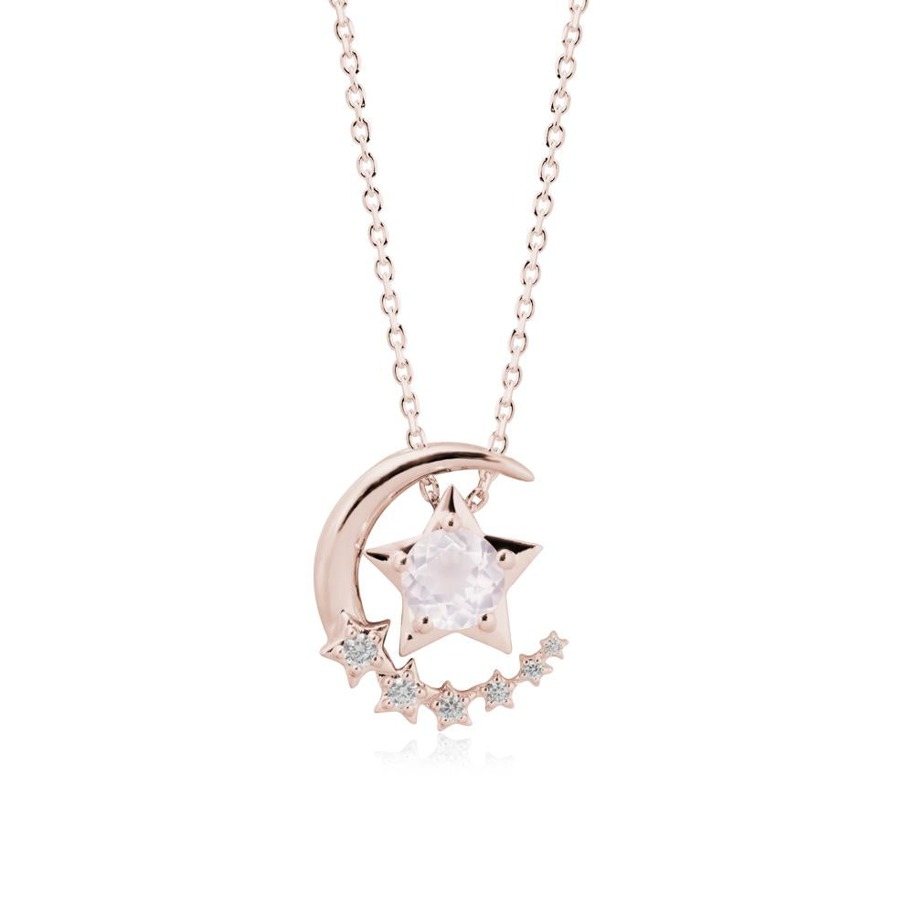 Rose Quartz Swinging Star and Crescent Moon Necklace - LUO Jewelry #metal_14k rose gold