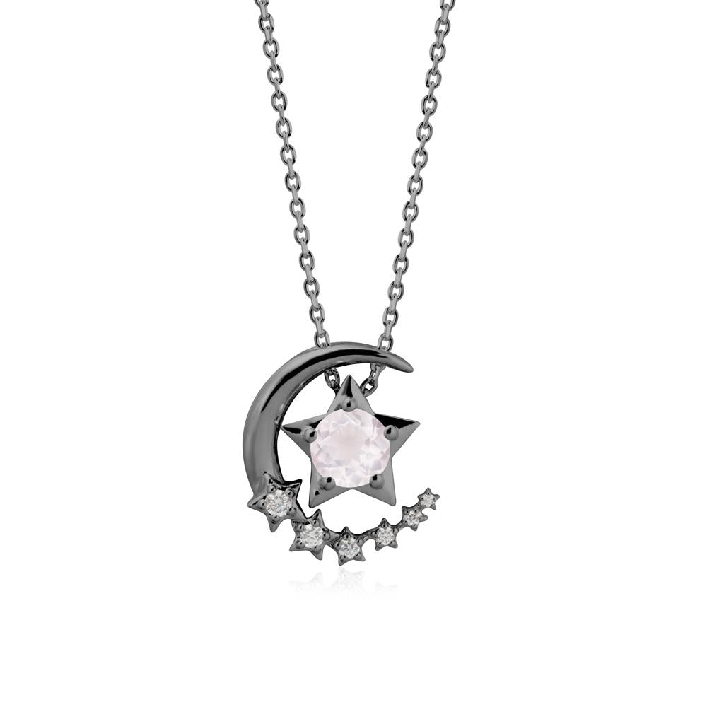 Rose Quartz Swinging Star and Crescent Moon Necklace - LUO Jewelry #metal_black finish sterling silver