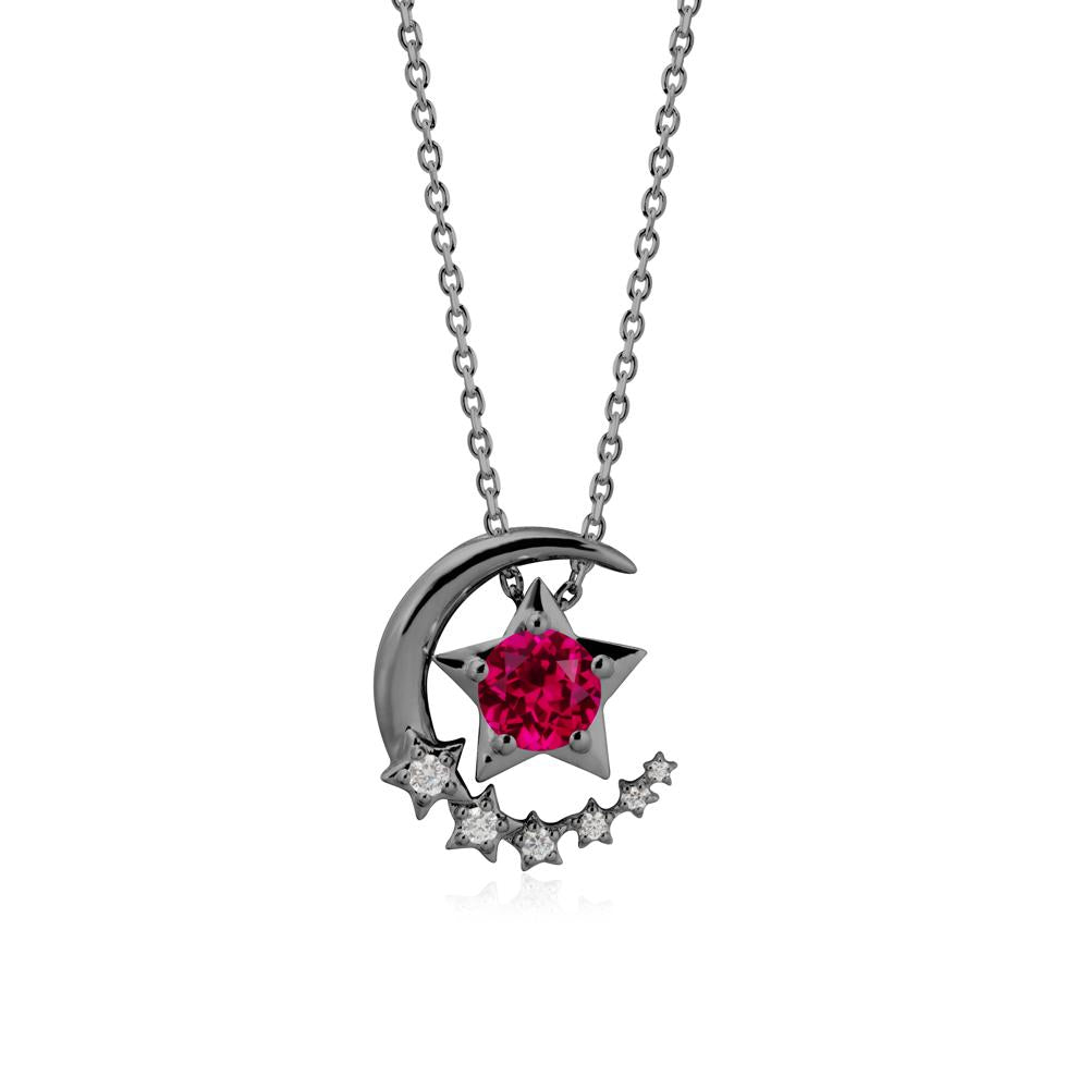 Swinging Star and Crescent Moon Ruby Necklace - LUO Jewelry #metal_black finish sterling silver