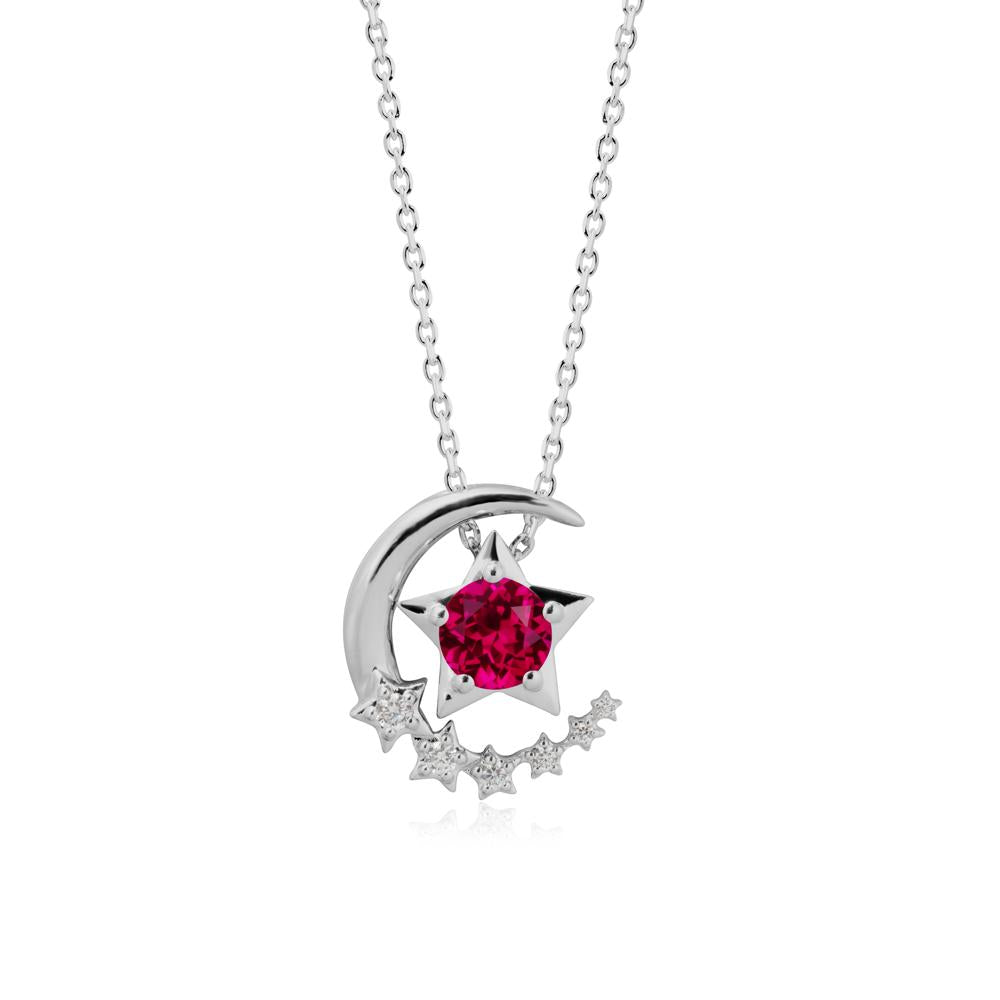 Swinging Star and Crescent Moon Ruby Necklace - LUO Jewelry #metal_platinum