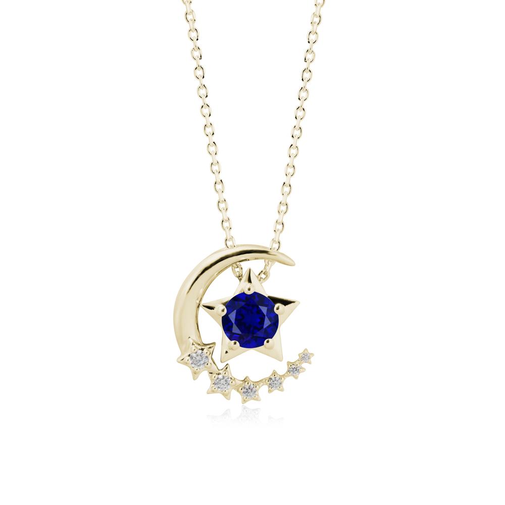Sapphire Swinging Star and Crescent Moon Necklace - LUO Jewelry #metal_14k yellow gold