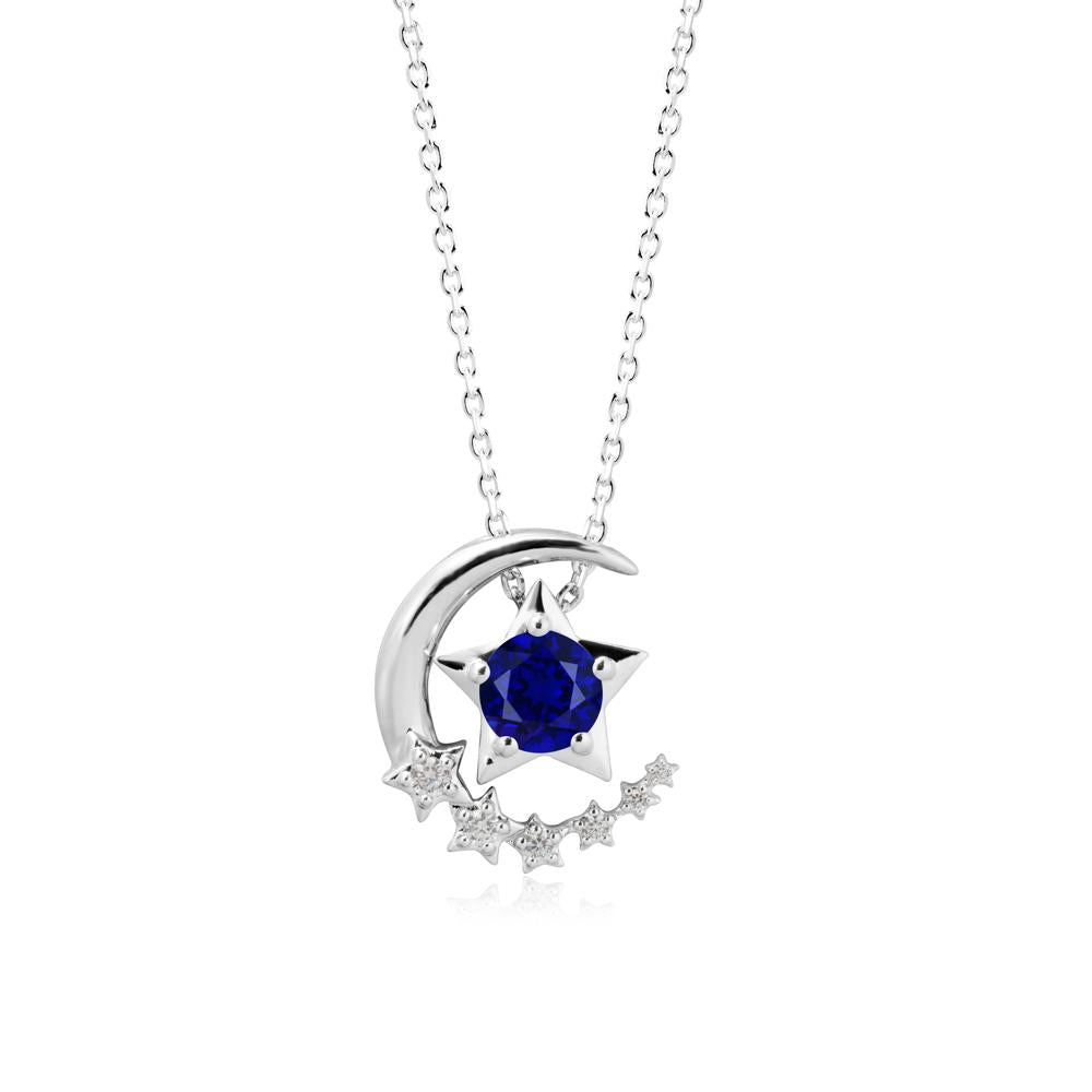 Sapphire Swinging Star and Crescent Moon Necklace - LUO Jewelry #metal_18k white gold