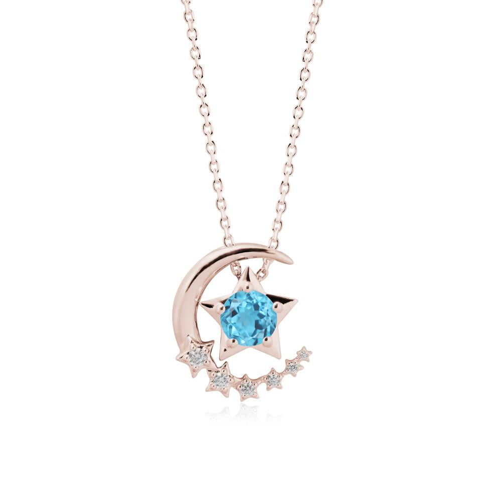 Swinging Star and Crescent Moon Swiss Blue Topaz Necklace - LUO Jewelry #metal_14k rose gold