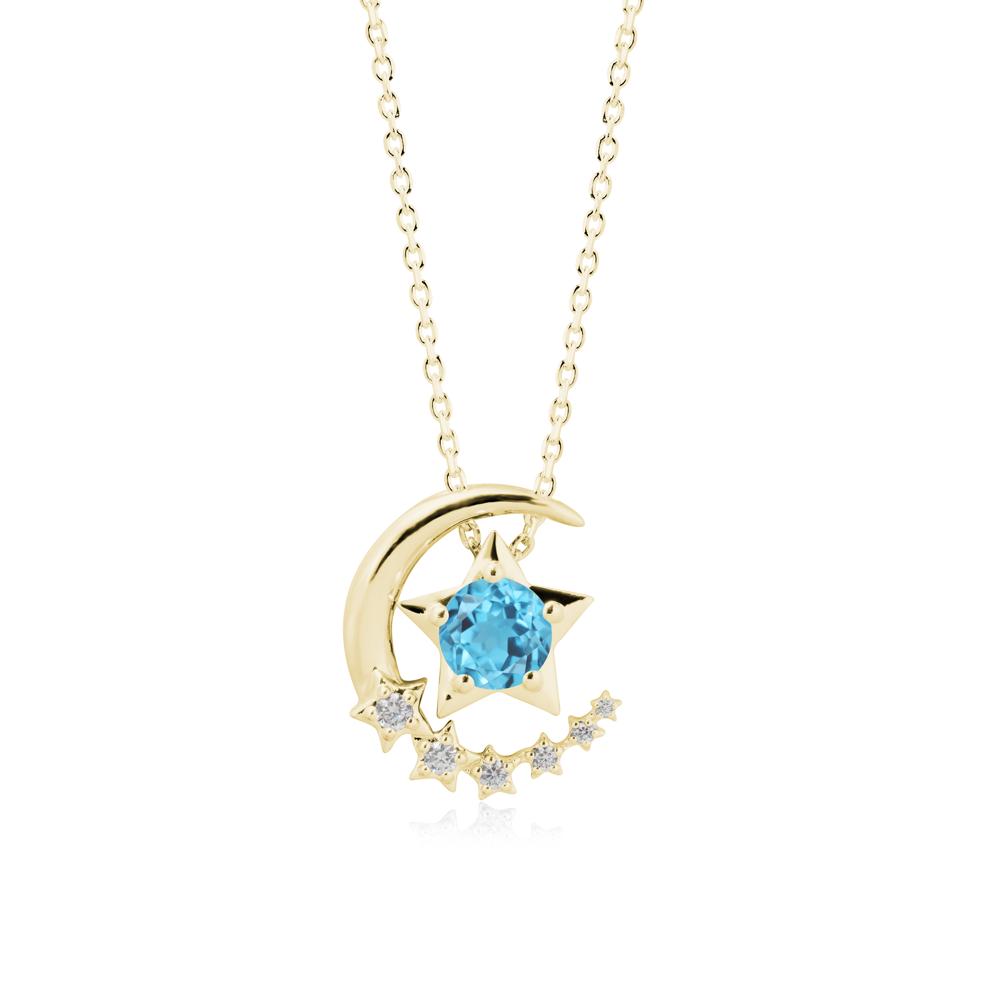 Swinging Star and Crescent Moon Swiss Blue Topaz Necklace - LUO Jewelry #metal_18k yellow gold