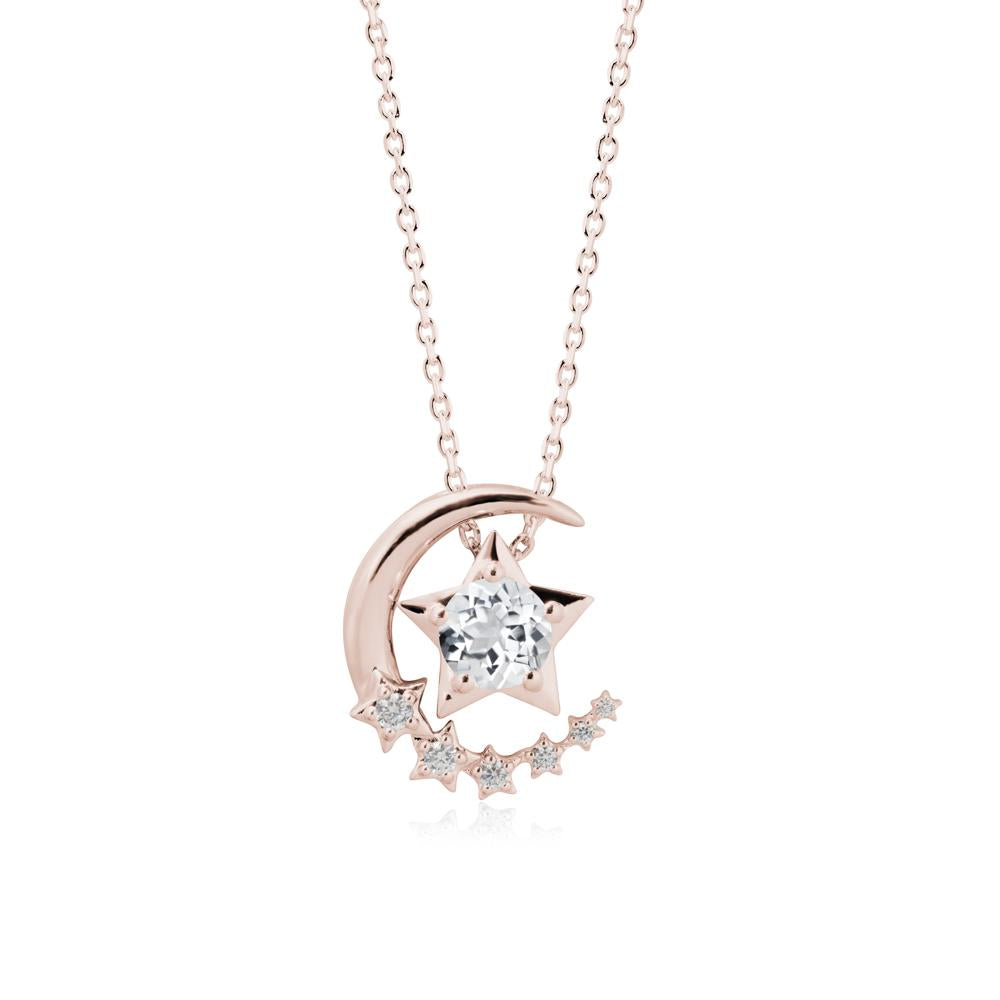 Star and Crescent Moon White Topaz Pendant Necklace - LUO Jewelry #metal_14k rose gold