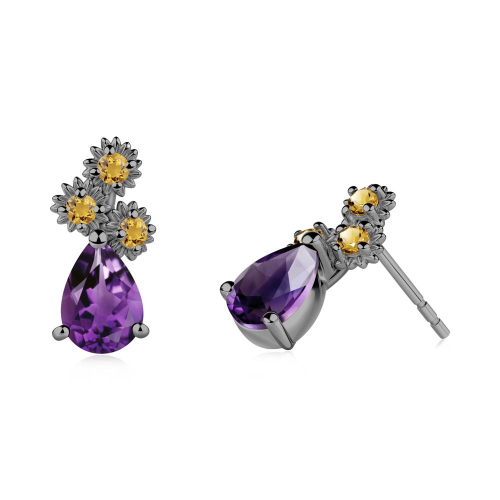 Teardrop Amethyst and Citrine Flower Stud Earrings - LUO Jewelry #metal_black finish sterling silver