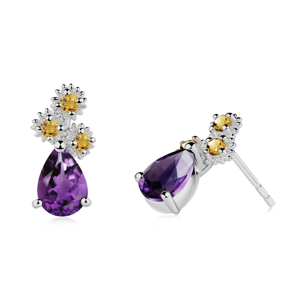 Teardrop Amethyst and Citrine Flower Stud Earrings - LUO Jewelry #metal_platinum