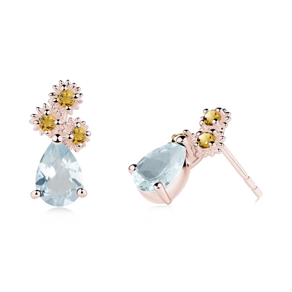 Pear Shaped Aquamarine and Citrine Sunflower Stud Earrings - LUO Jewelry #metal_18k rose gold