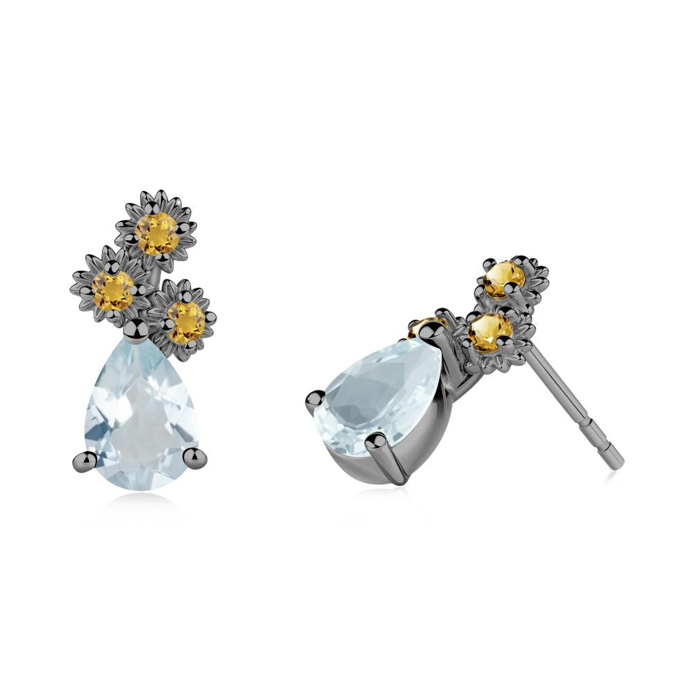 Pear Shaped Aquamarine and Citrine Sunflower Stud Earrings - LUO Jewelry #metal_black finish sterling silver