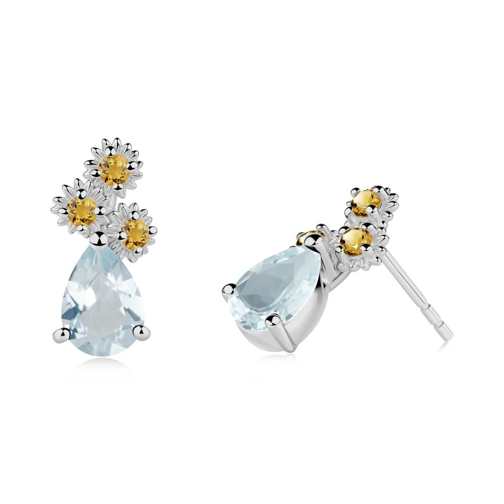 Pear Shaped Aquamarine and Citrine Sunflower Stud Earrings - LUO Jewelry #metal_platinum