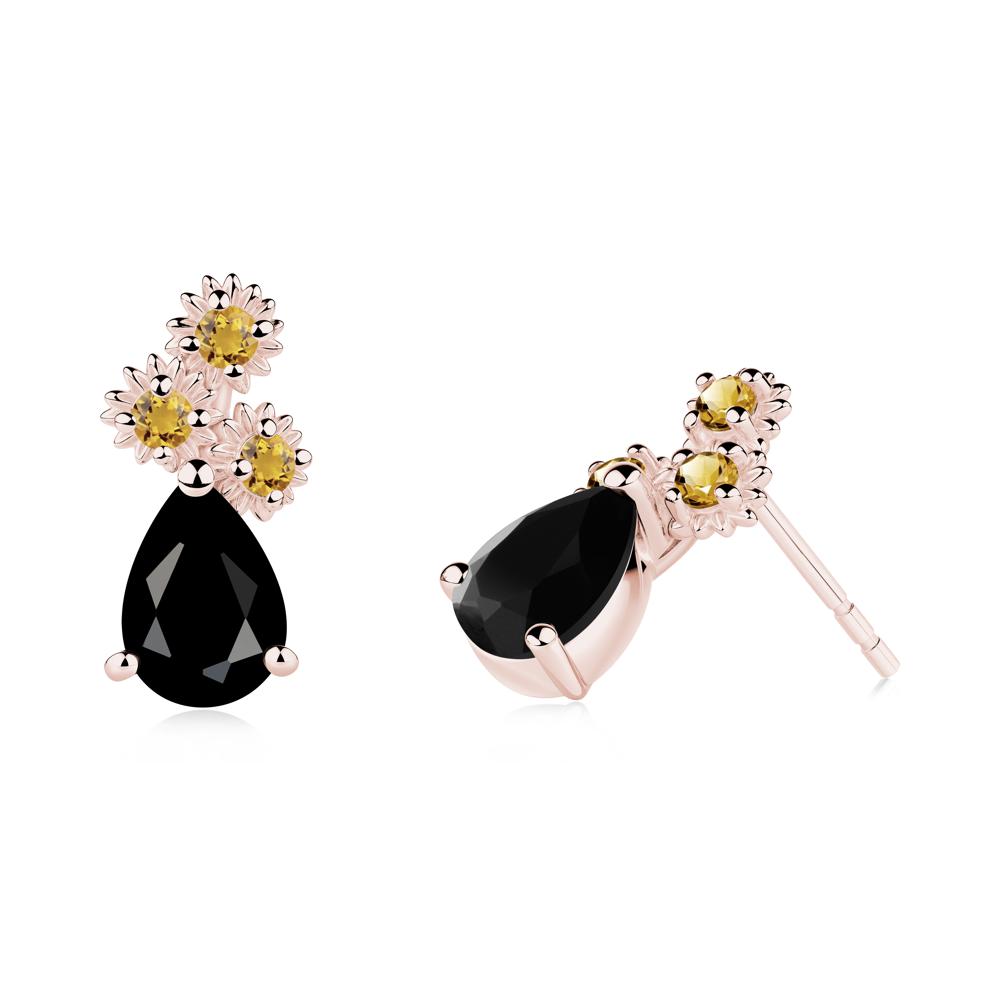 Teardrop Black Spinel and Citrine Flower Stud Earrings - LUO Jewelry #metal_18k rose gold
