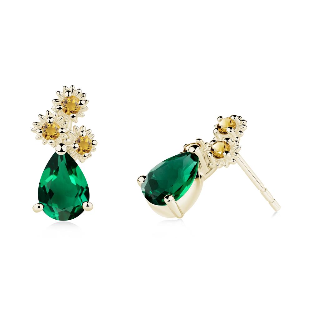 Pear Shaped Emerald and Citrine Sunflower Stud Earrings - LUO Jewelry #metal_14k yellow gold
