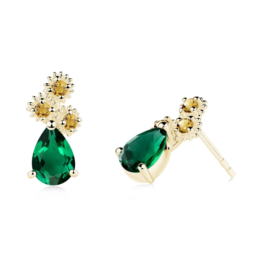 Pear Shaped Emerald and Citrine Sunflower Stud Earrings - LUO Jewelry #metal_18k yellow gold
