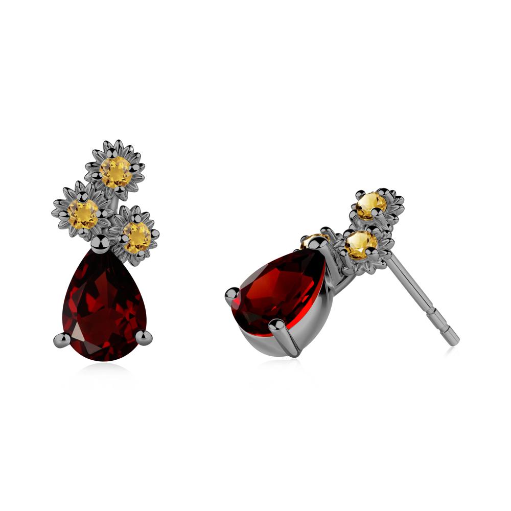 Pear Shaped Garnet and Citrine Sunflower Stud Earrings - LUO Jewelry #metal_black finish sterling silver