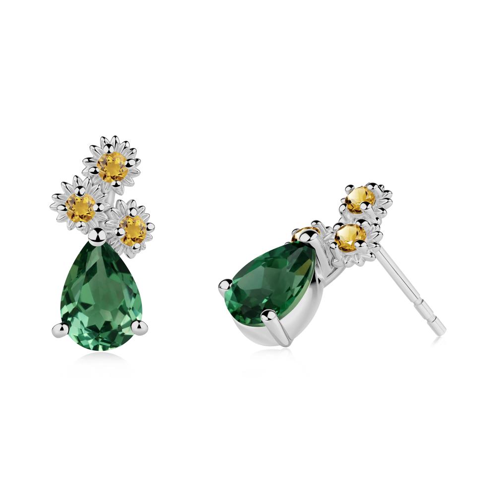 Pear Shaped Green Sapphire and Citrine Sunflower Stud Earrings - LUO Jewelry #metal_platinum