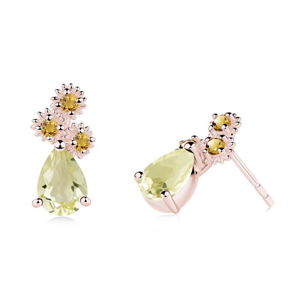 Pear Shaped Lemon Quartz and Citrine Sunflower Stud Earrings - LUO Jewelry #metal_18k rose gold