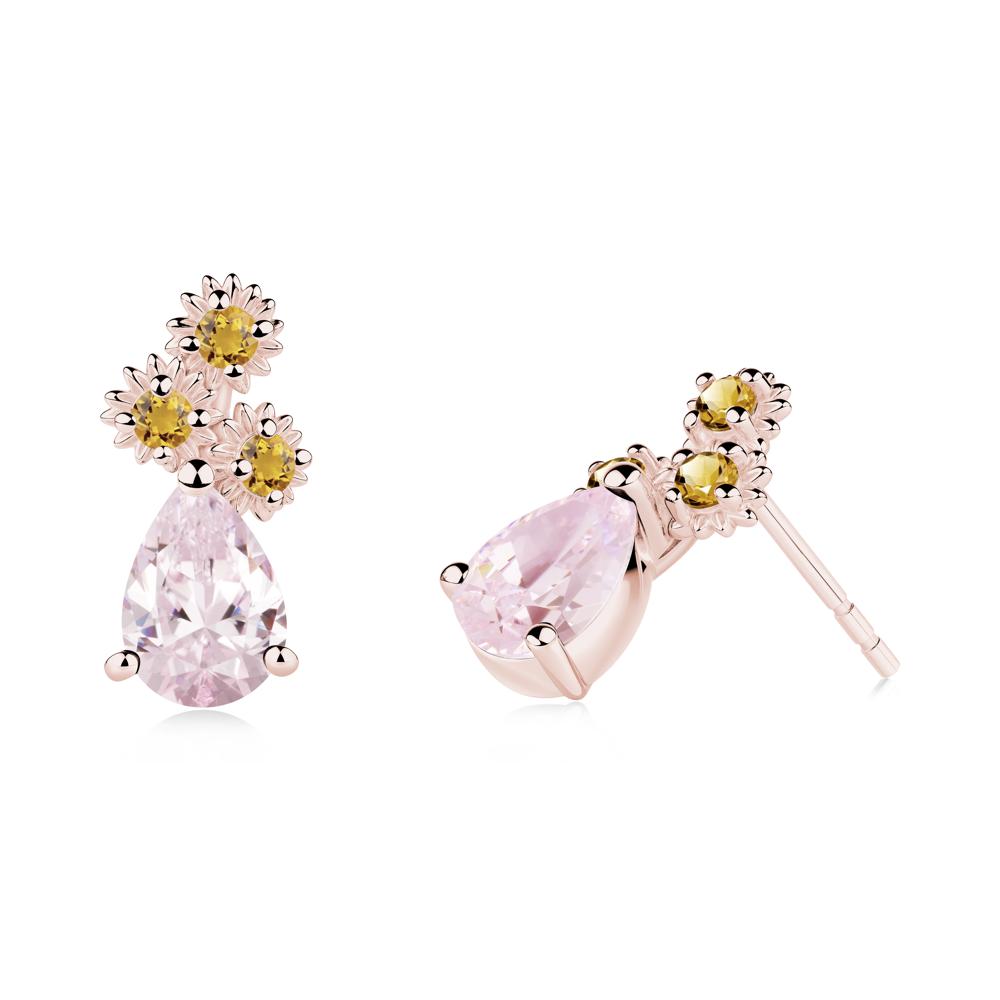 Teardrop Pink Cubic Zirconia and Citrine Flower Stud Earrings - LUO Jewelry #metal_18k rose gold