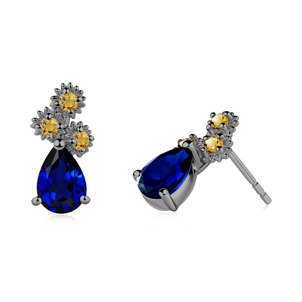 Teardrop Sapphire and Citrine Flower Stud Earrings - LUO Jewelry #metal_black finish sterling silver