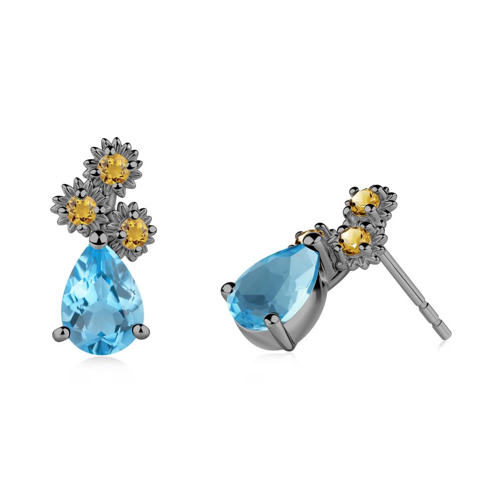 Pear Shaped Swiss Blue Topaz and Citrine Sunflower Stud Earrings - LUO Jewelry #metal_black finish sterling silver