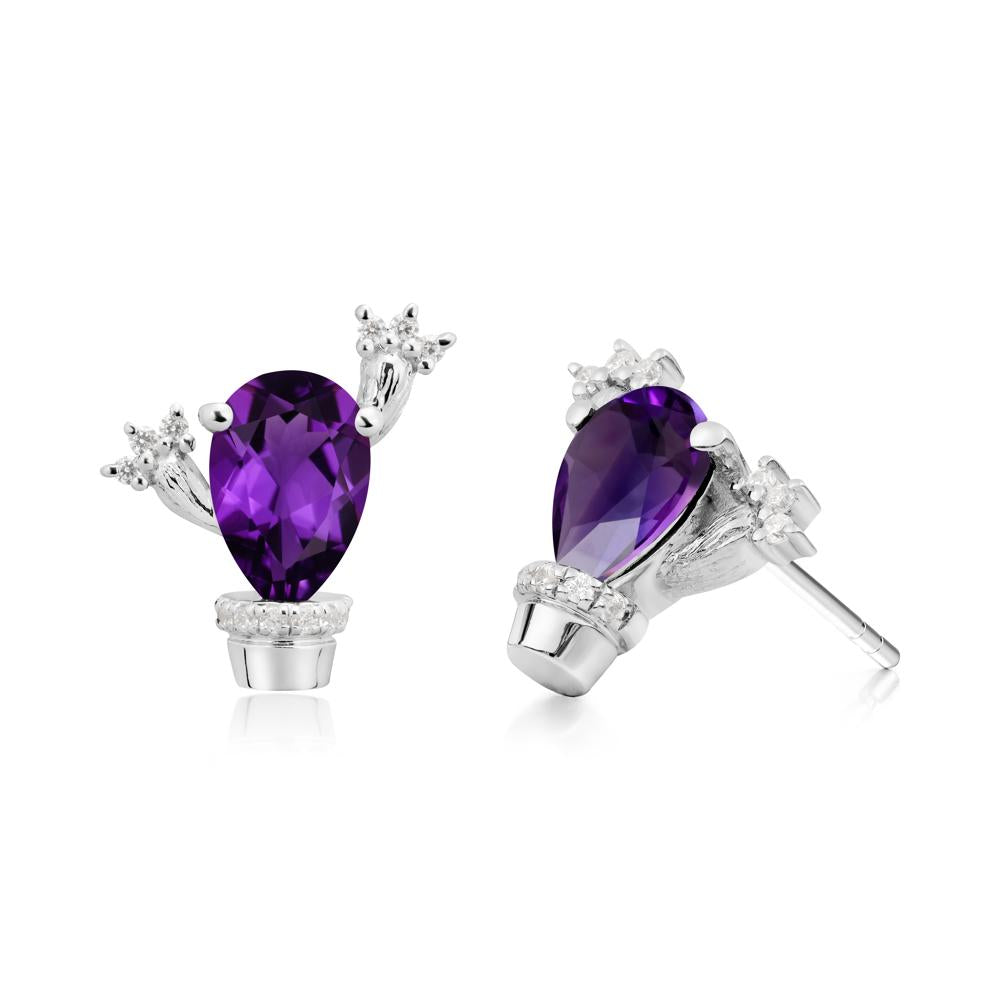 Pear Shaped Amethyst Cactus Stud Earrings - LUO Jewelry #metal_14k white gold