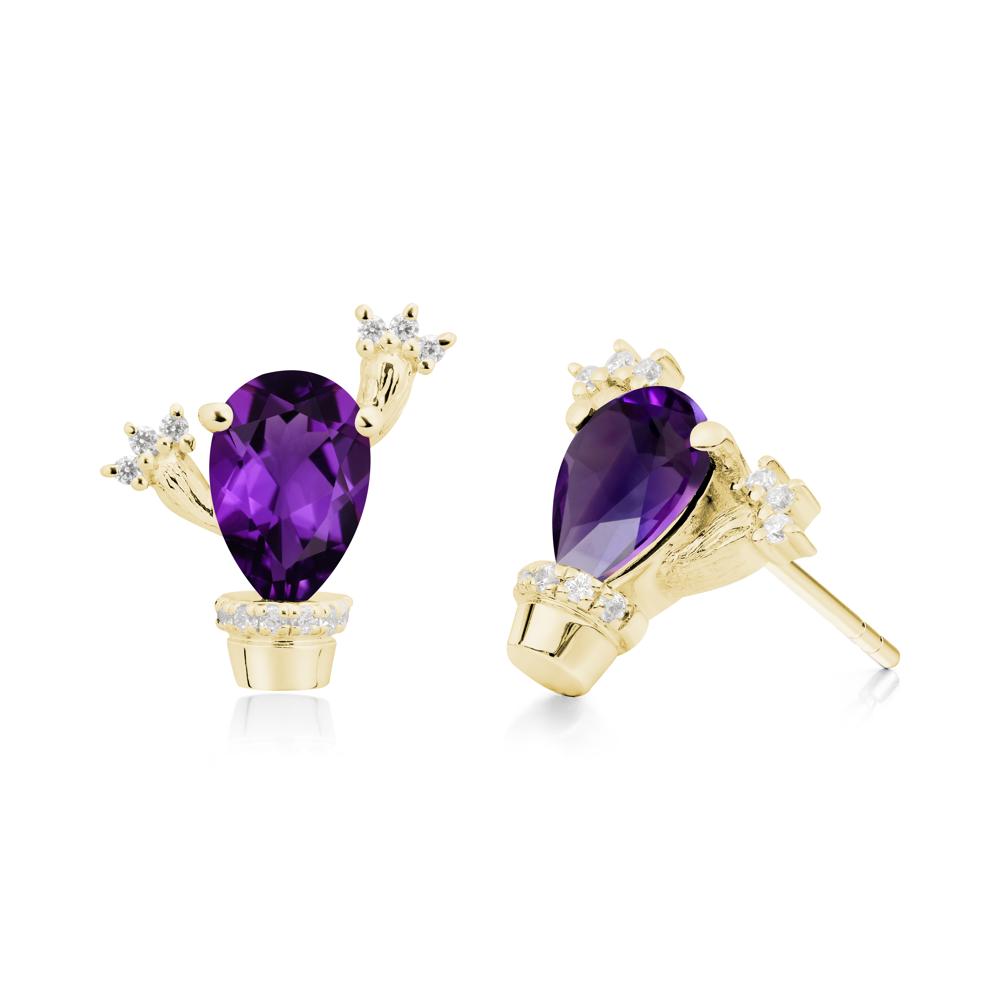 Pear Shaped Amethyst Cactus Stud Earrings - LUO Jewelry #metal_18k yellow gold