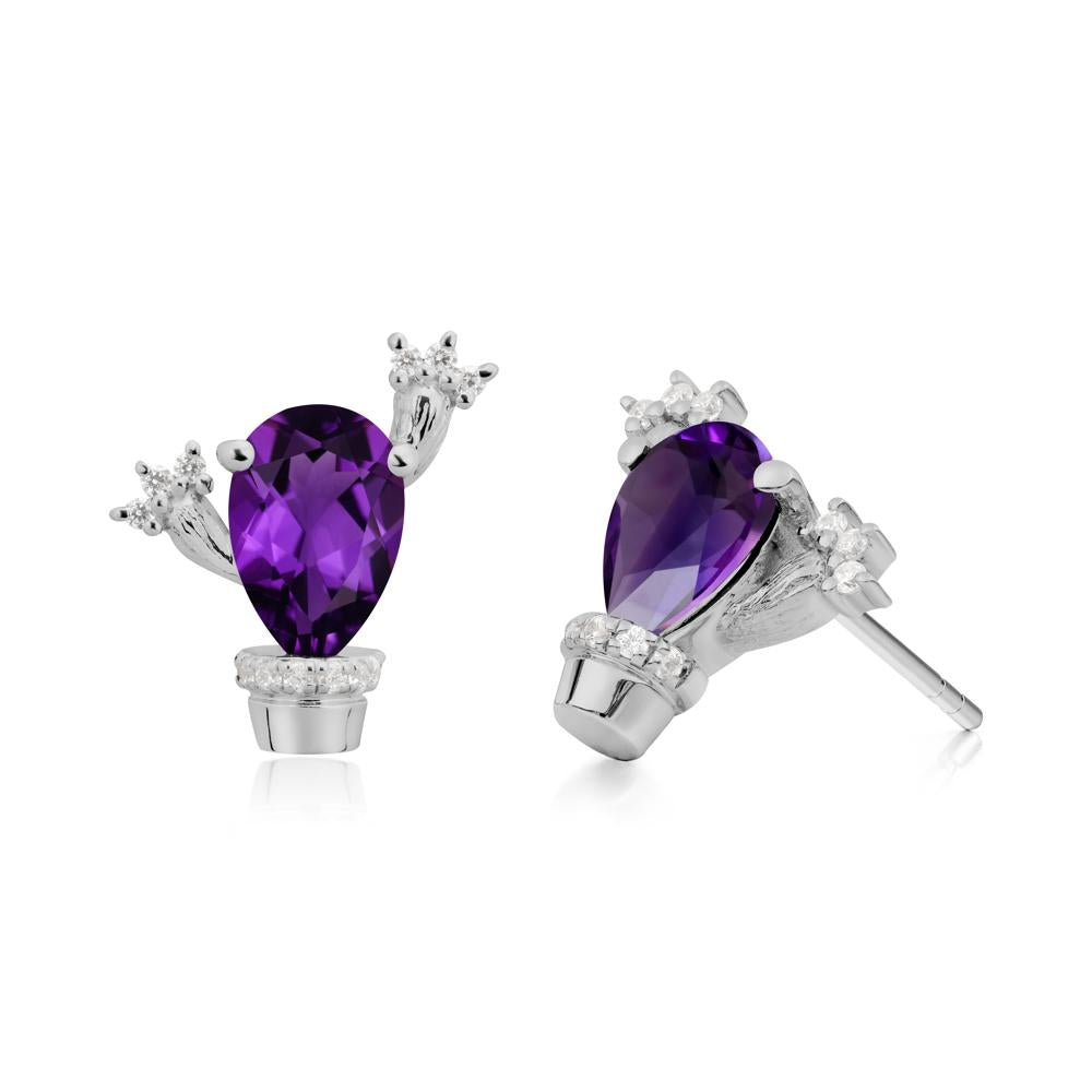 Pear Shaped Amethyst Cactus Stud Earrings - LUO Jewelry #metal_platinum