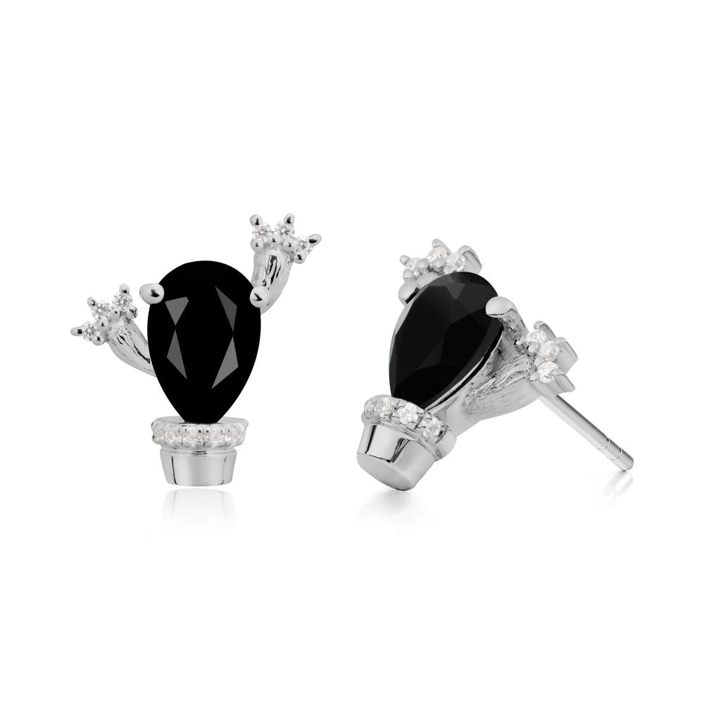 Pear Shaped Black Spinel Cactus Stud Earrings - LUO Jewelry #metal_platinum