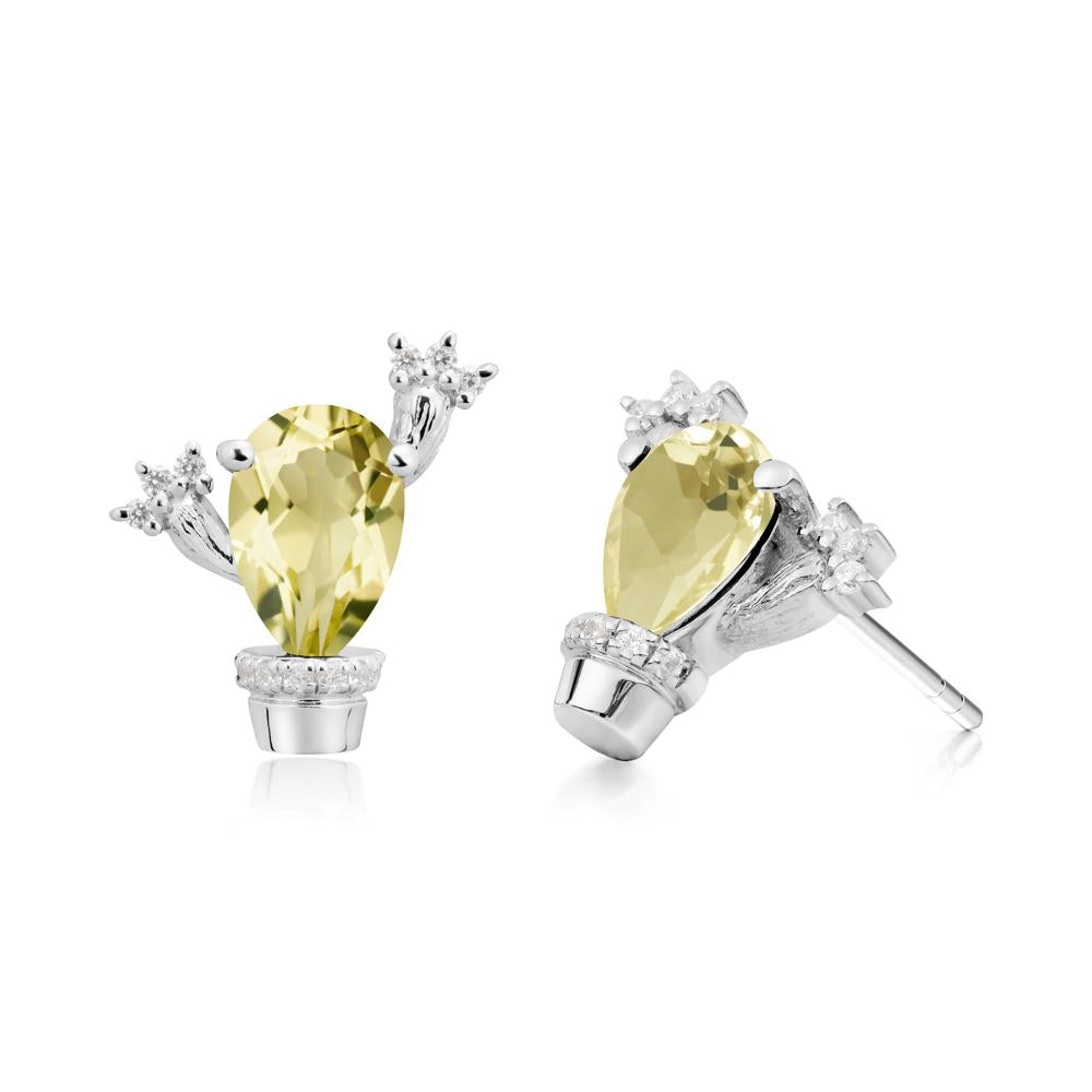 Pear Shaped Lemon Quartz Cactus Stud Earrings - LUO Jewelry #metal_18k white gold