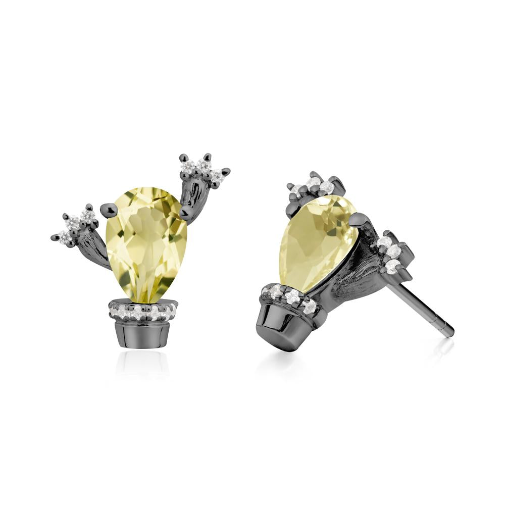 Pear Shaped Lemon Quartz Cactus Stud Earrings - LUO Jewelry #metal_black finish sterling silver