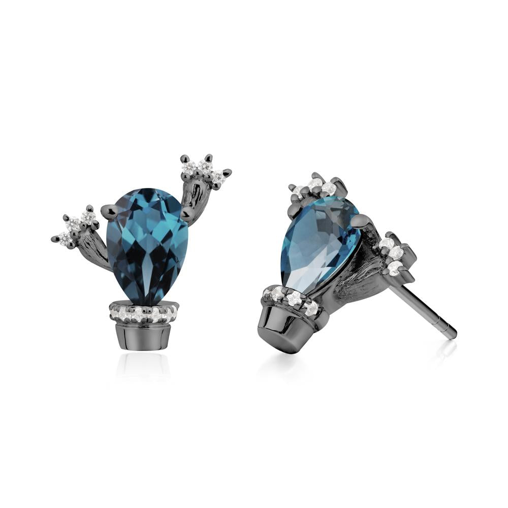 Pear Shaped London Blue Topaz Cactus Stud Earrings - LUO Jewelry #metal_black finish sterling silver