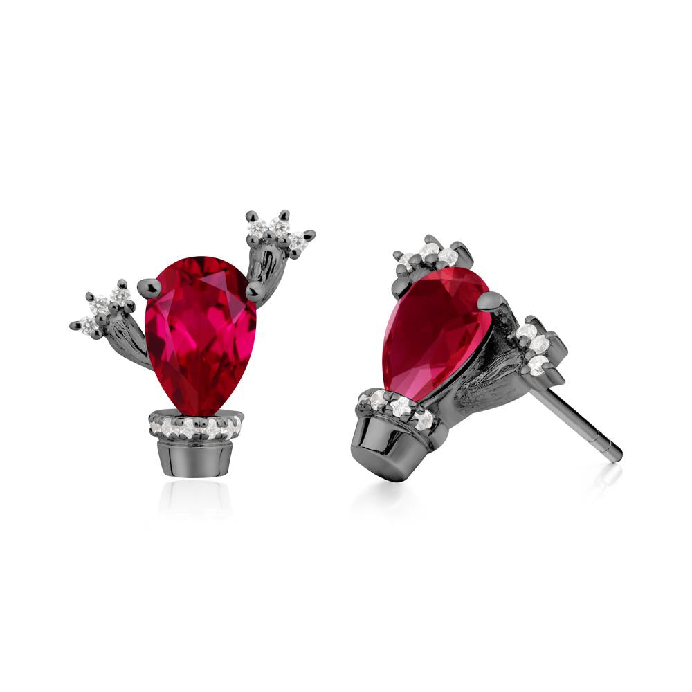 Pear Shaped Ruby Cactus Stud Earrings - LUO Jewelry #metal_black finish sterling silver