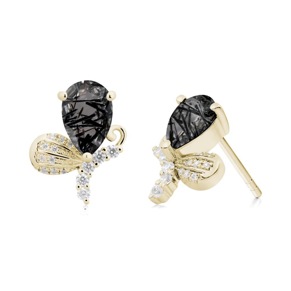 Pear Shaped Black Rutilated Quartz Butterfly Stud Earrings - LUO Jewelry #metal_14k yellow gold