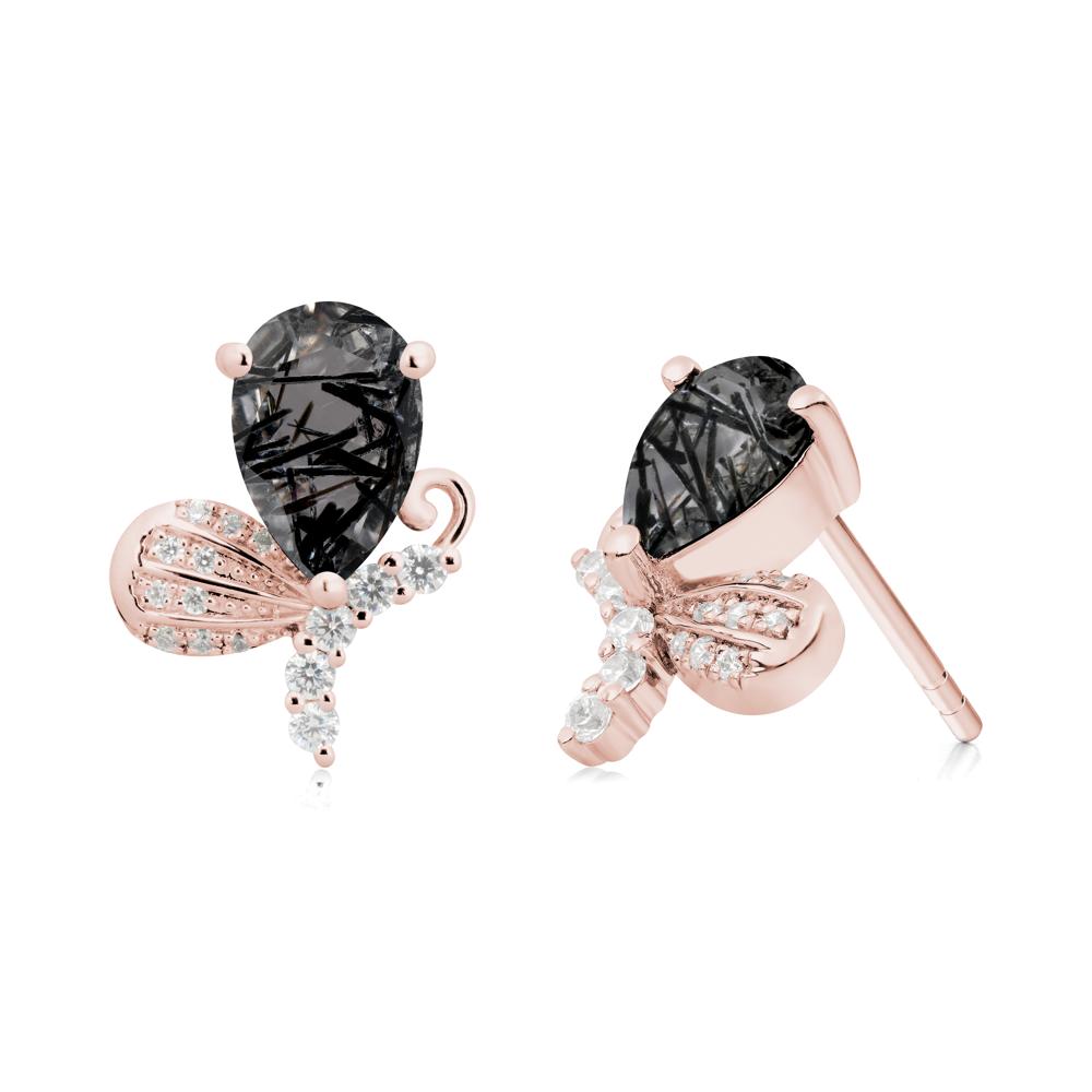 Pear Shaped Black Rutilated Quartz Butterfly Stud Earrings - LUO Jewelry #metal_18k rose gold