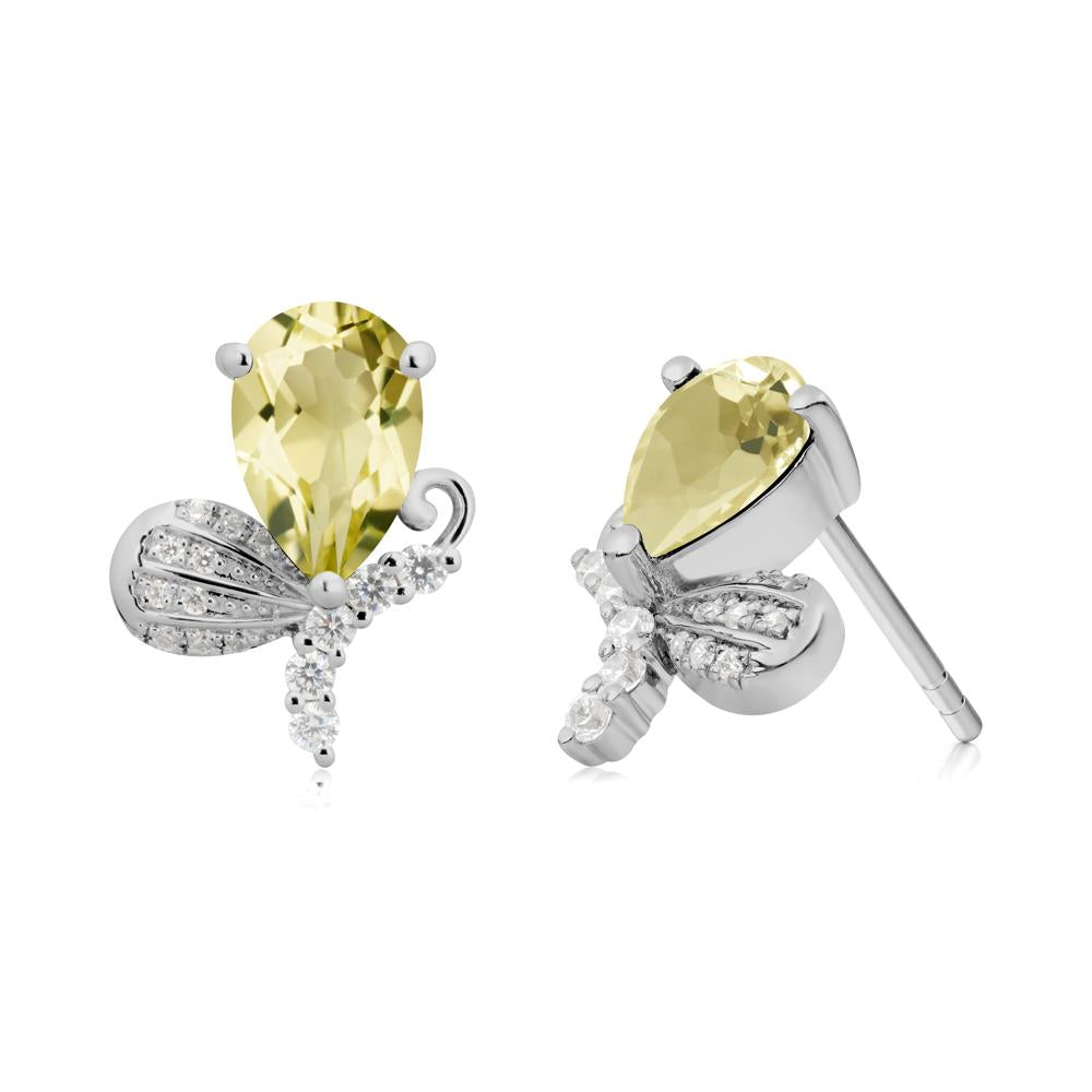 Pear Shaped Lemon Quartz Butterfly Stud Earrings - LUO Jewelry #metal_platinum